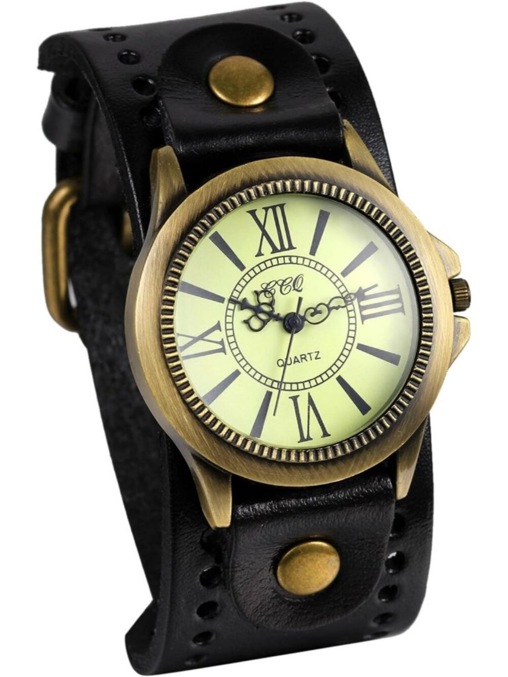 Vintage-Style Black Leather Strap Watch with Brass Case
